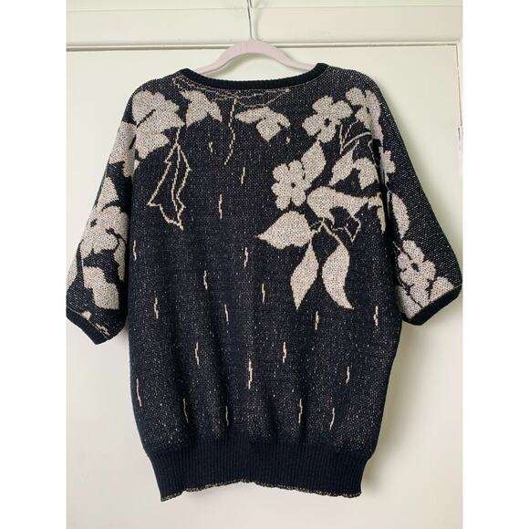Vintage Excelsior Sweater Top Floral Print Black Gray Gold Accent - Picture 2 of 10